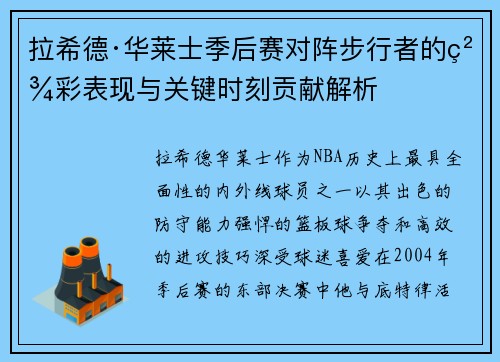 拉希德·华莱士季后赛对阵步行者的精彩表现与关键时刻贡献解析