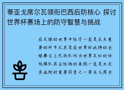 蒂亚戈席尔瓦领衔巴西后防核心 探讨世界杯赛场上的防守智慧与挑战