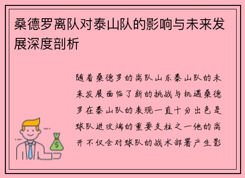 桑德罗离队对泰山队的影响与未来发展深度剖析