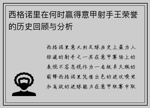 西格诺里在何时赢得意甲射手王荣誉的历史回顾与分析
